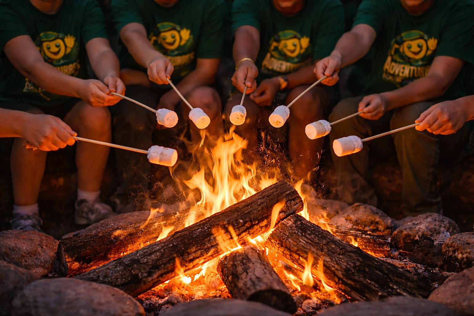 Group roasting marshmallows at a campfire during Fiesta Adventures Camp