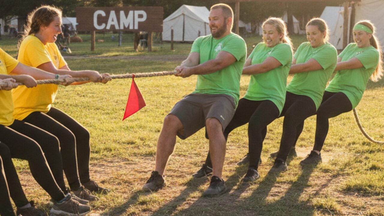 Two teams competing in a tug of war activity